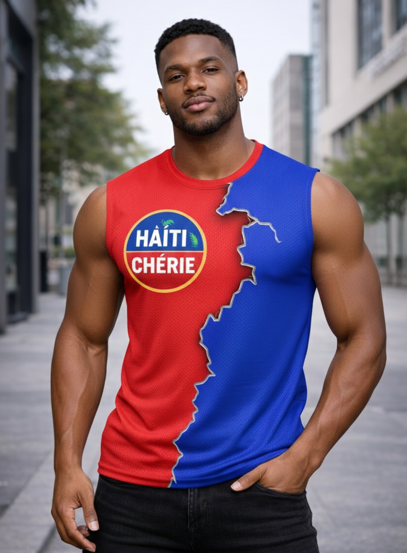 Débardeur Haïti Chérie Bicolore - Design Carte Split Rouge et Bleu