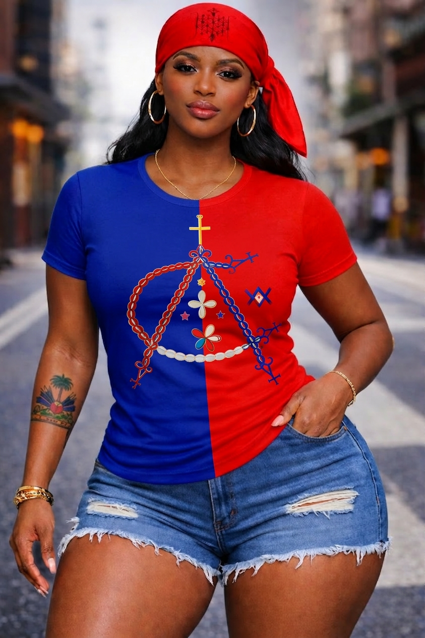 T-Shirt Femme Vodou - Chaînes Croix Bicolore Bleu Rouge