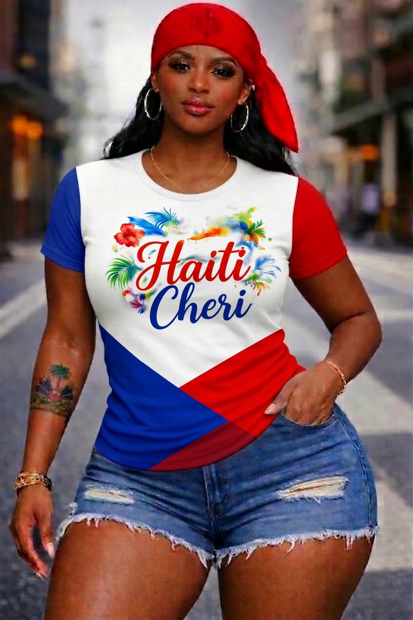 T-Shirt Femme Haïti Cheri - Fleurs Tropicales Tricolore Bleu Blanc Rouge