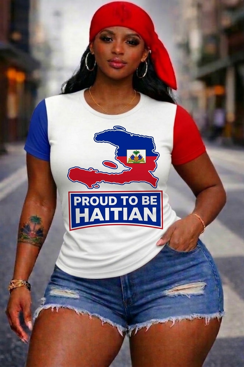 T-Shirt Femme Proud to be Haitian - Carte Drapeau Blanc Bleu Rouge