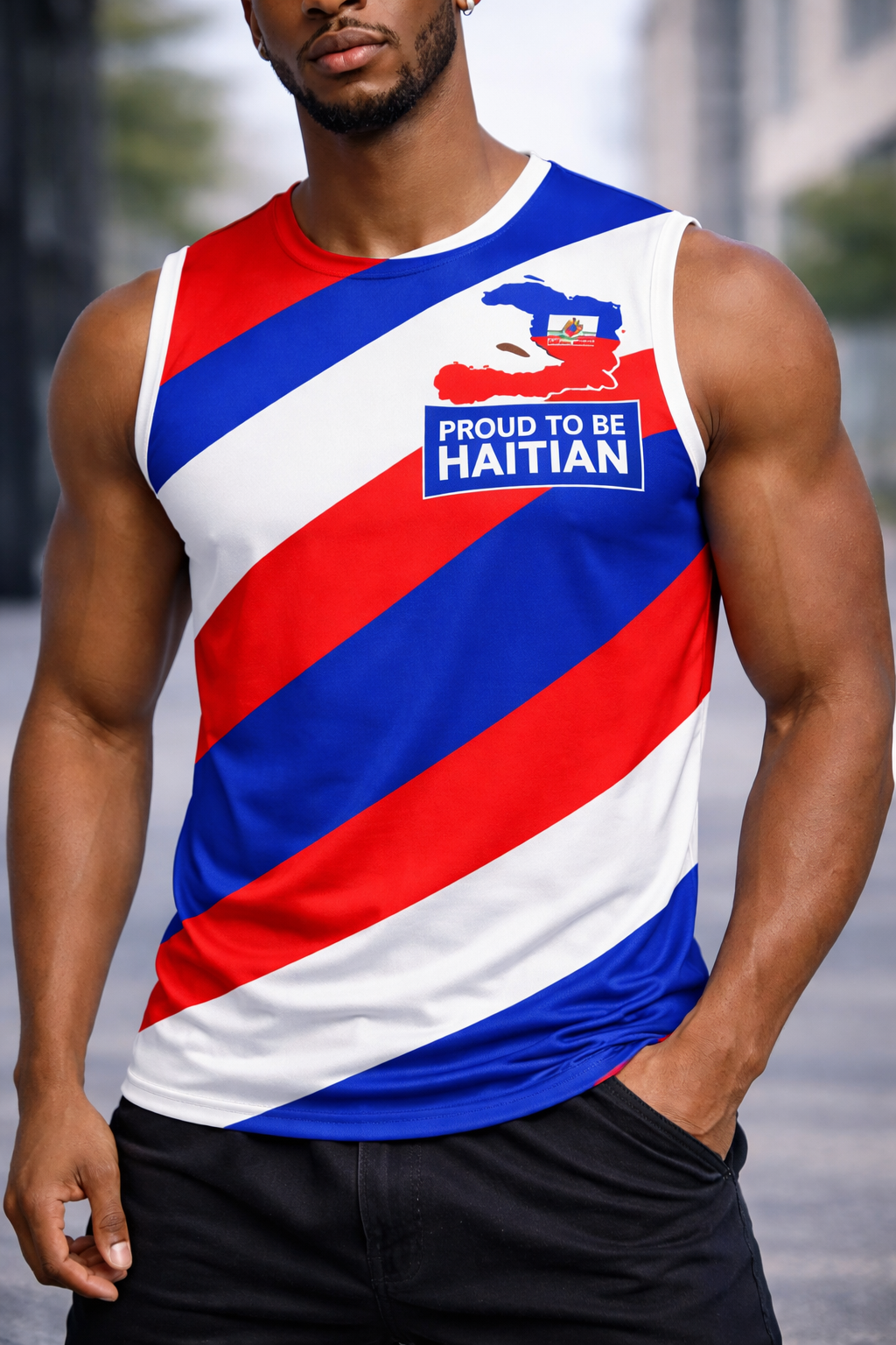 Débardeur Proud to be Haitian - Bandes Diagonales Tricolores Carte Drapeau