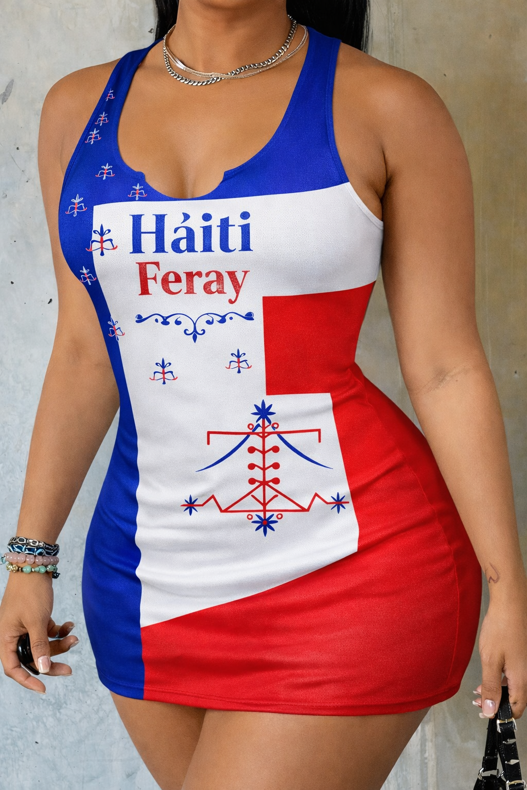 Robe Moulante Haïti Feray Vevè Vaudou Élégante Tricolore pour Femme