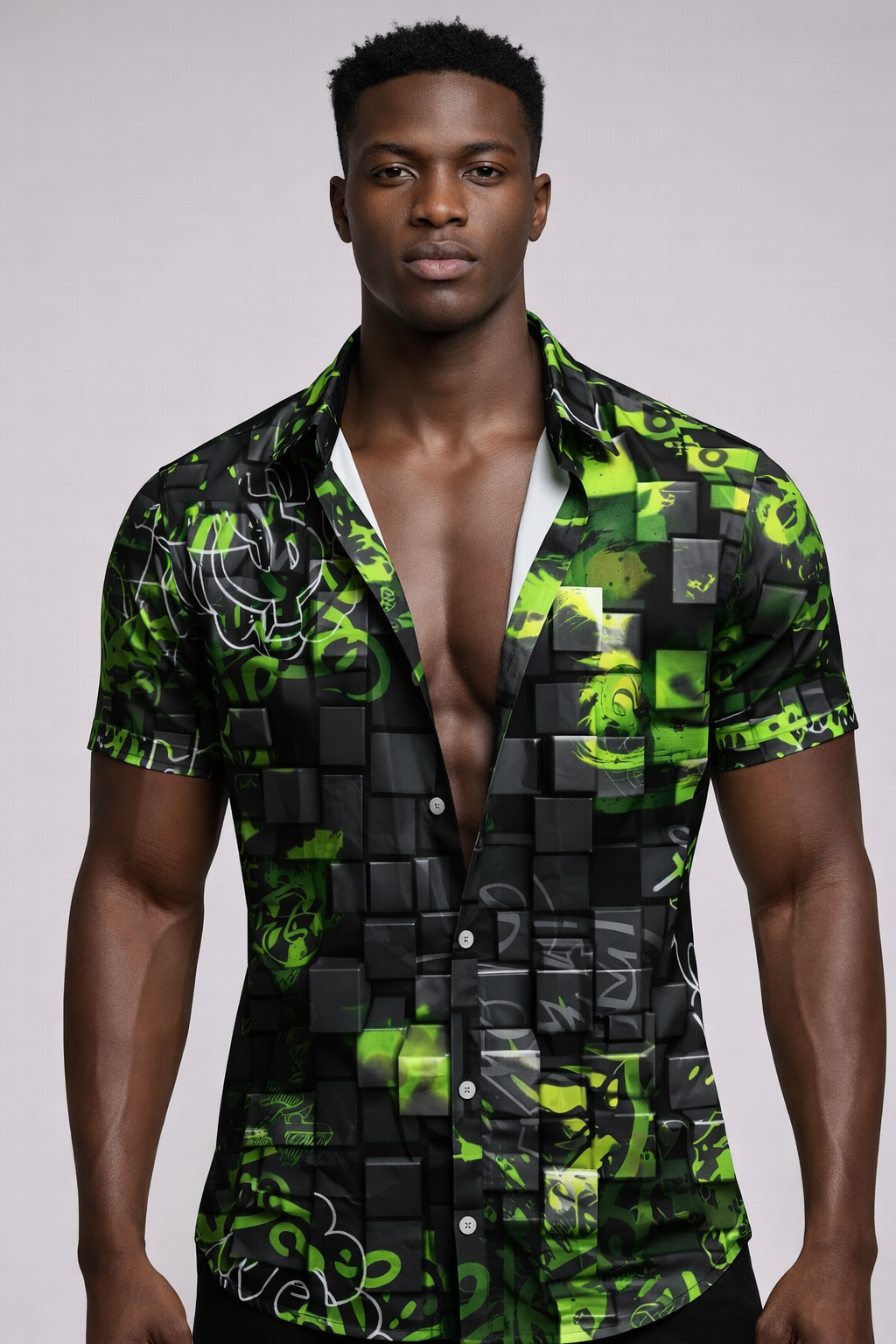 Chemise Graffiti Cubiste Vert et Noir