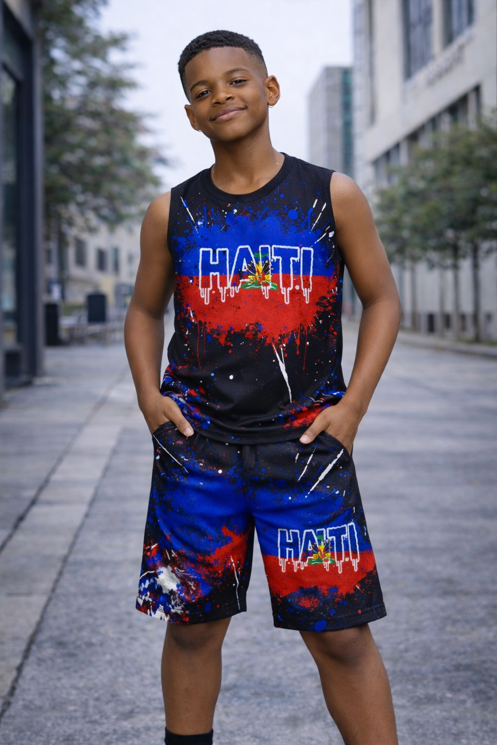 Ensemble Deux Pièces Haïti avec Armoiries Effet Galaxie Débardeur et Short pour Enfants