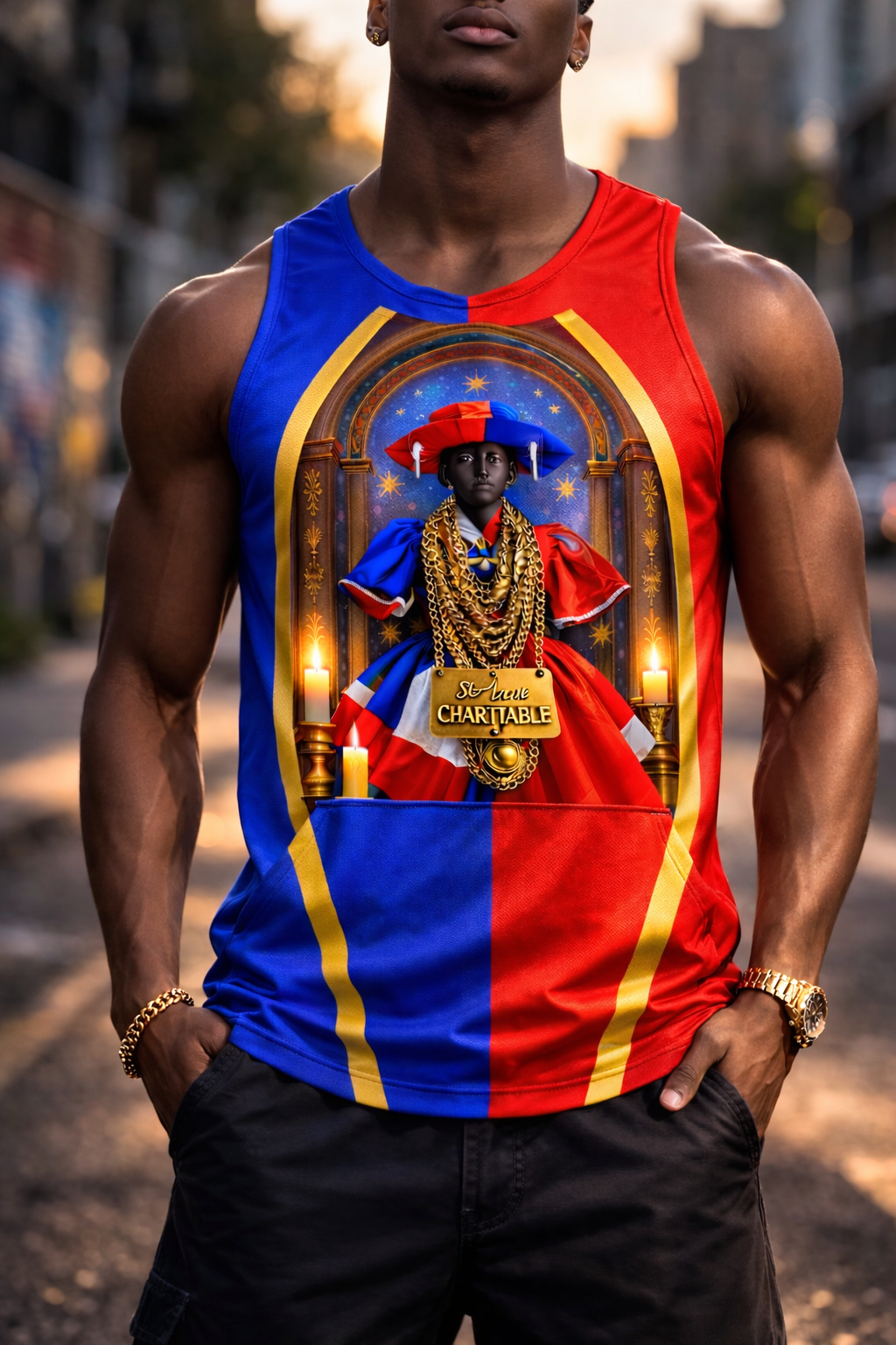 Débardeur St-Anne Charitable - Saint Patron Haïtien Bandes Tricolores Or