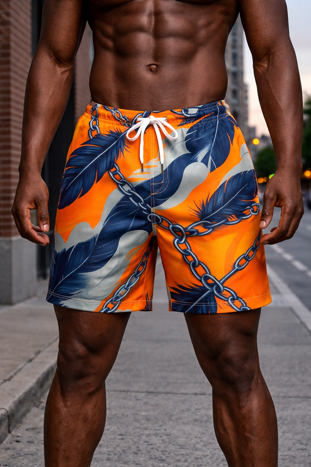 Short Plumes & Chaînes – Orange, Marine & Blanc