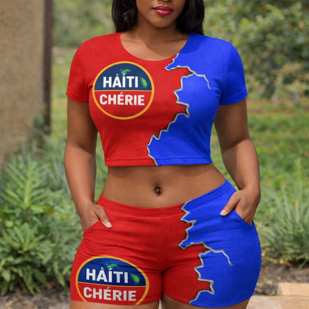 Ensemble Crop Top et Short Haïti Chérie Carte Géographique Bicolore pour Femme