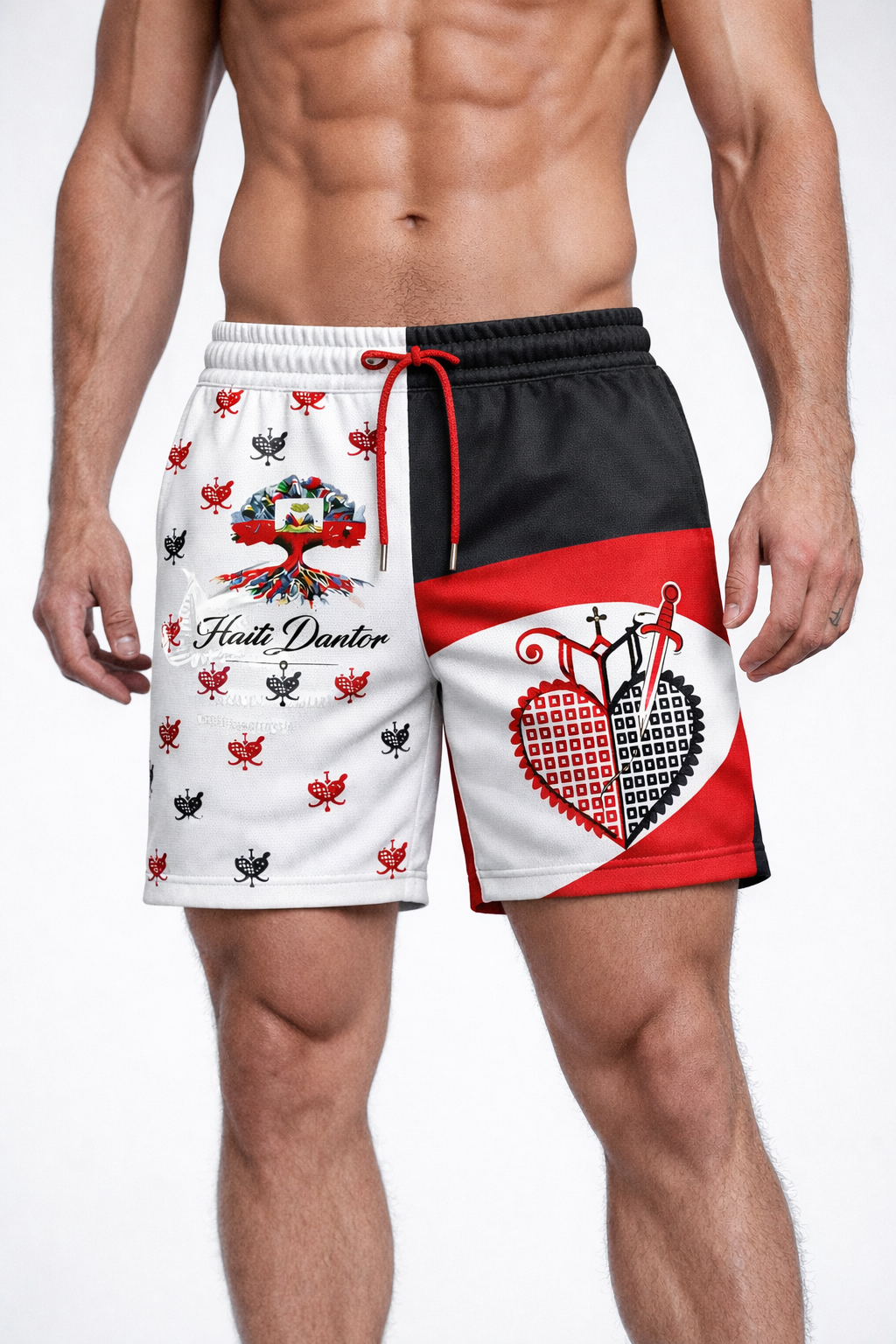 Short Haïti Dantor Cœur Sacré & Armoiries – Blanc, Noir & Rouge