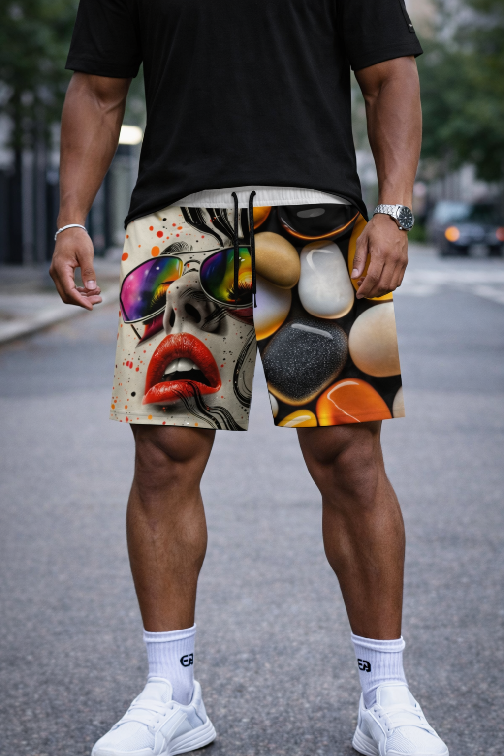 Short Pop Art Visage & Galets – Beige Multicolore