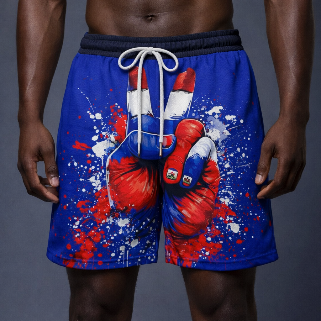 Short de Boxe Haïti Bleu - Gants Tricolores Éclaboussure