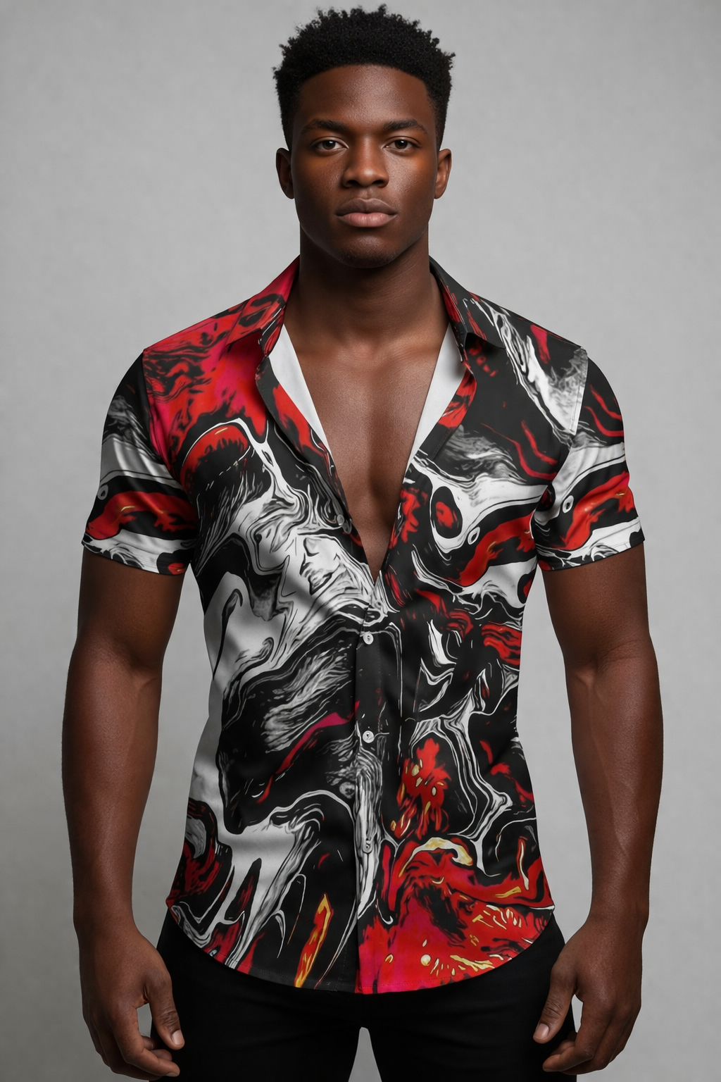 Chemise Marbre Volcanique – Rouge, Noir & Blanc