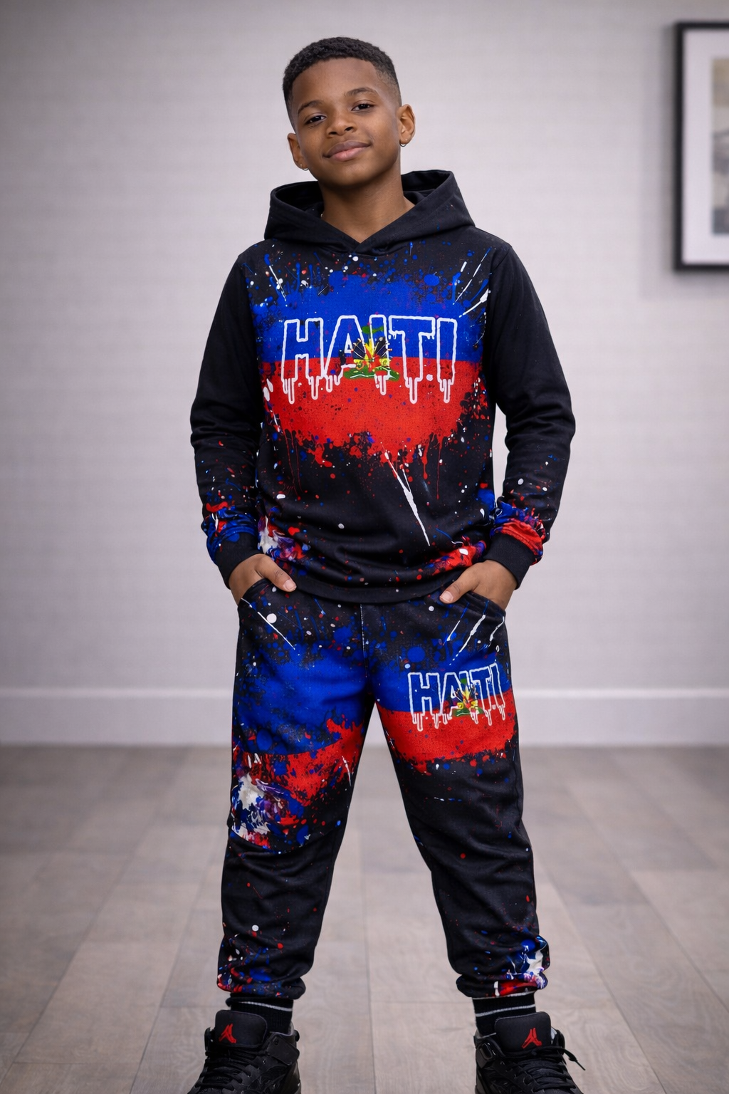 Ensemble Deux Pièces Haïti avec Armoiries Effet Galaxie Hoodie et Jogging Noir pour Enfants