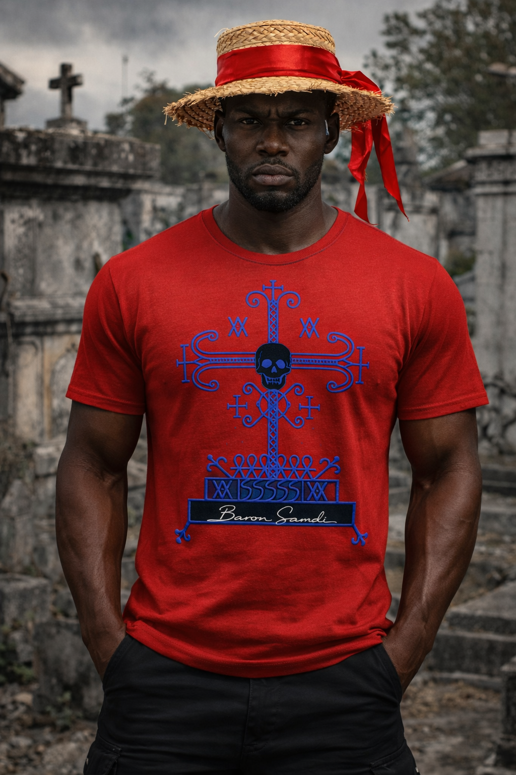 T-Shirt Baron Samdi - Croix Crâne Bleu Rouge Vodou