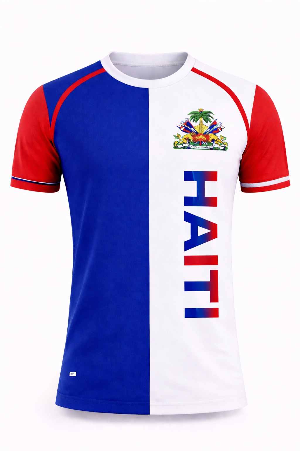 T-Shirt Haïti Armoiries Nationales – Colorblock Bleu, Blanc & Manches Rouges