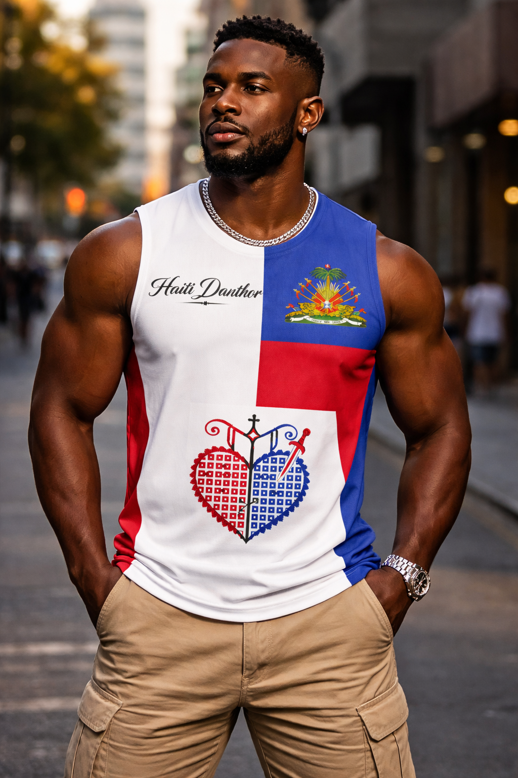 Débardeur Haïti Dantor Cœur Sacré & Armoiries – Blanc, Bleu & Rouge