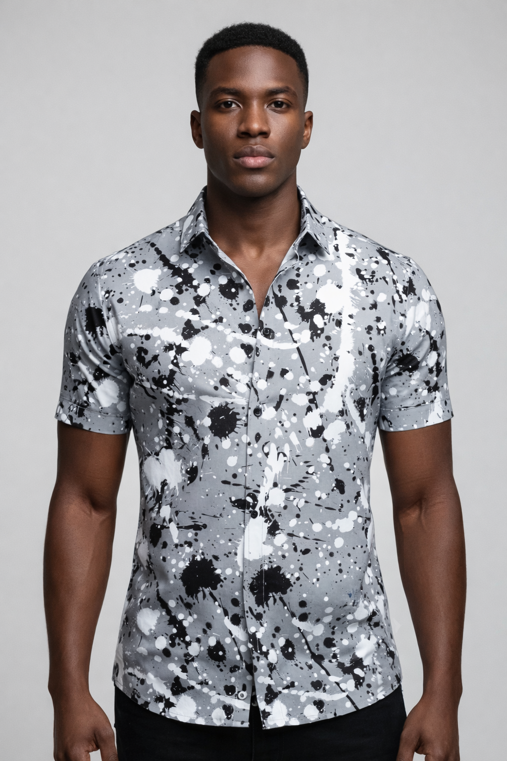Chemise Grise – Imprimé Éclaboussures Noir & Blanc All-Over