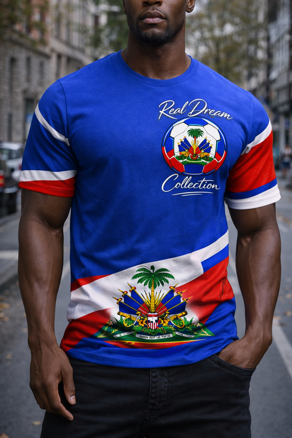 T-Shirt Real Dream Collection - Armoiries Haïtiennes Bleu Blanc Rouge