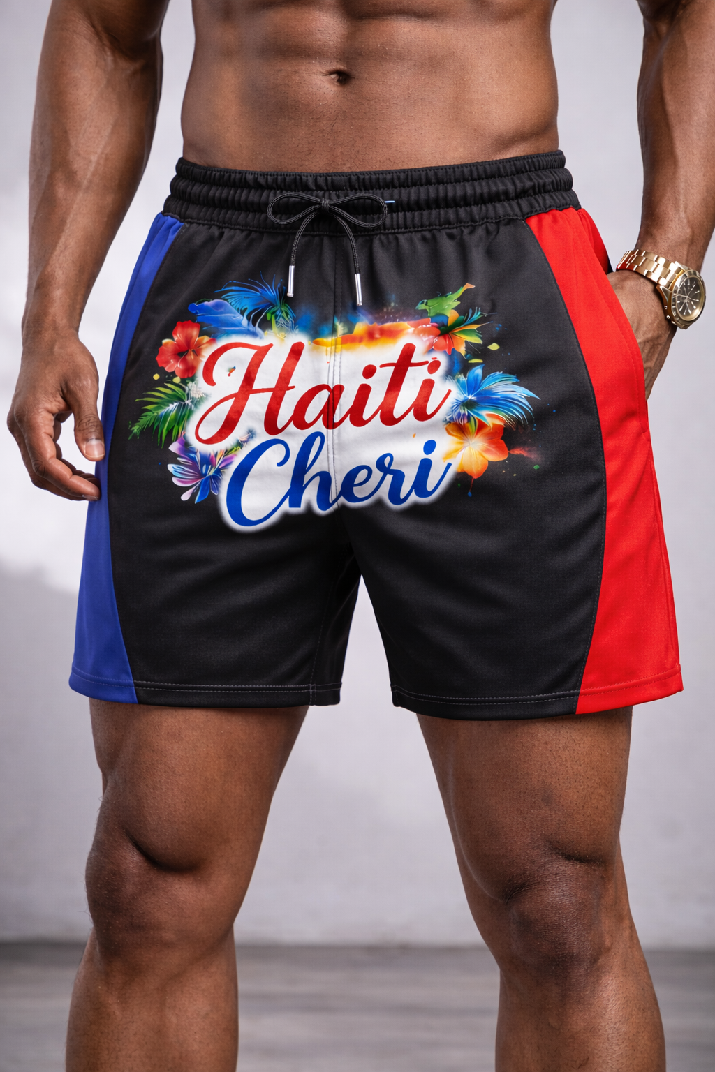 Short Haïti Chéri - Fleurs Tropicales Fond Noir