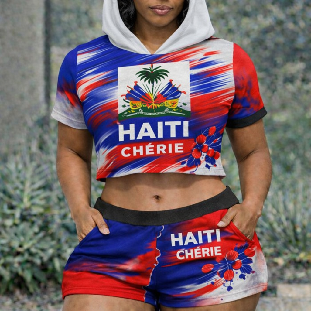 Ensemble Crop Top Hoodie et Short Haiti Chérie Armoiries Paint Brush Tricolore pour Femme