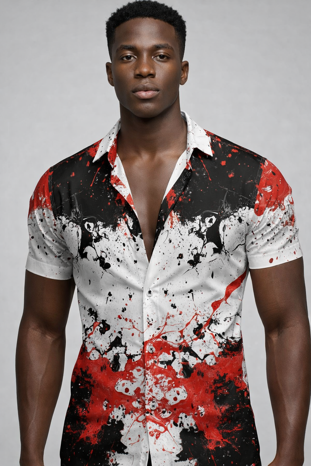 Chemise Blanche – Imprimé Éclaboussures Tricolore Rouge, Noir & Blanc