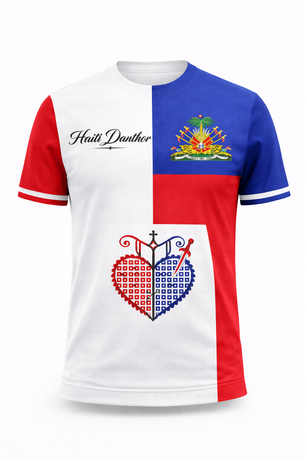 T-Shirt Haïti Danthor Cœur Sacré & Armoiries – Blanc, Bleu & Rouge