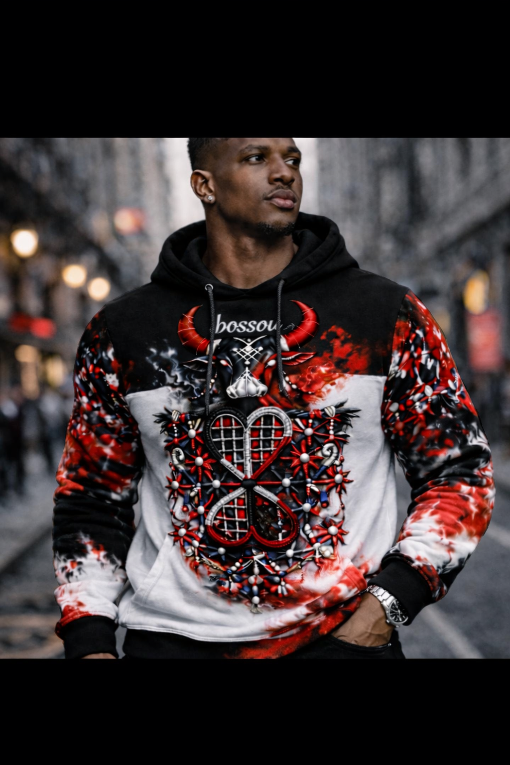 Hoodie Bossou Vévé Taureau Tie-Dye – Noir, Blanc & Rouge