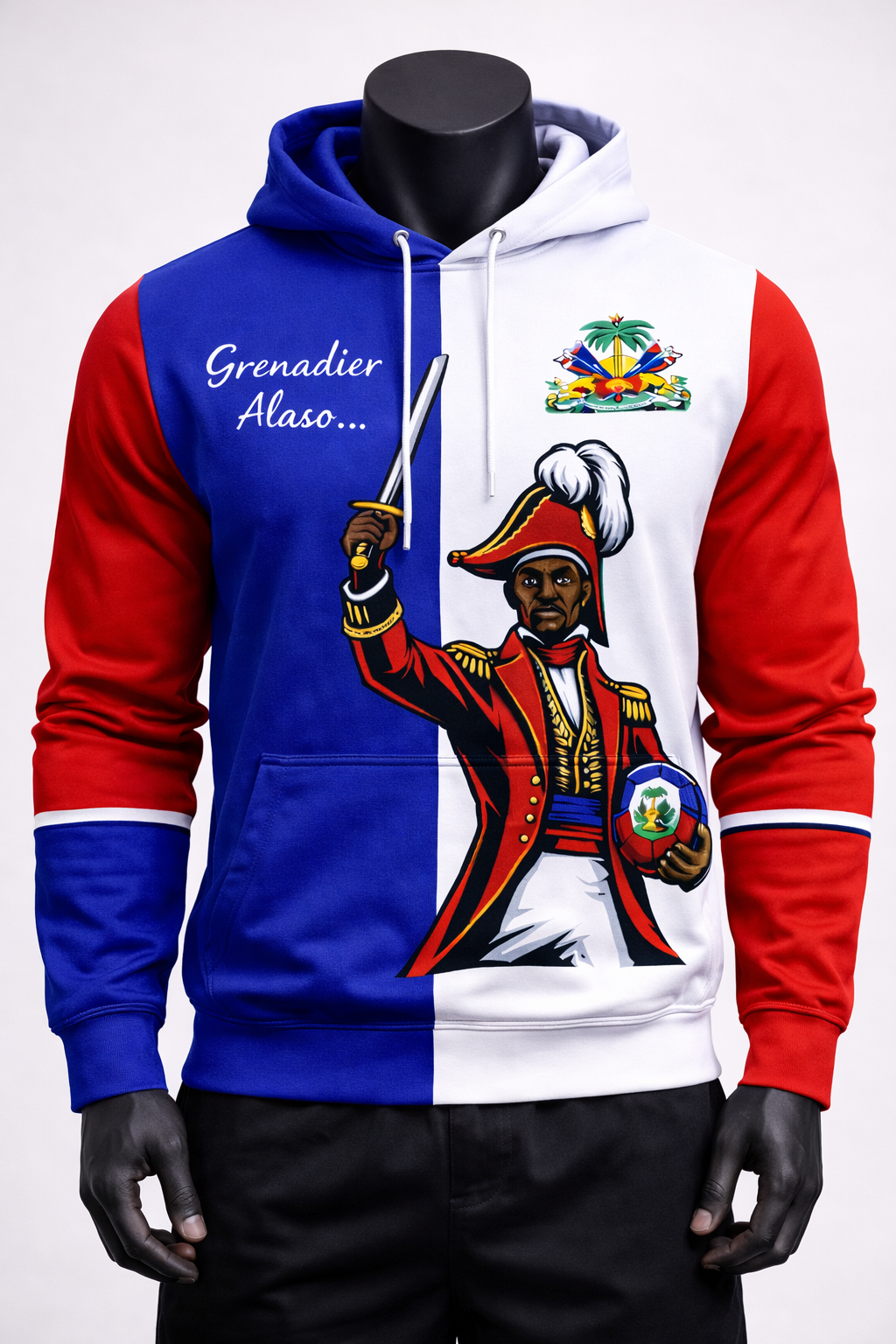 Hoodie Haïti Grenadier Alaso & Armoiries – Colorblock Bleu, Blanc & Rouge
