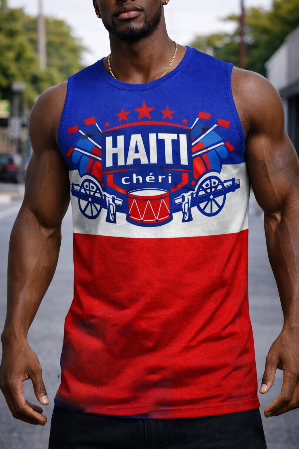 Débardeur Haiti Chéri - Canons Tambour Étoiles Tricolore Patriotique