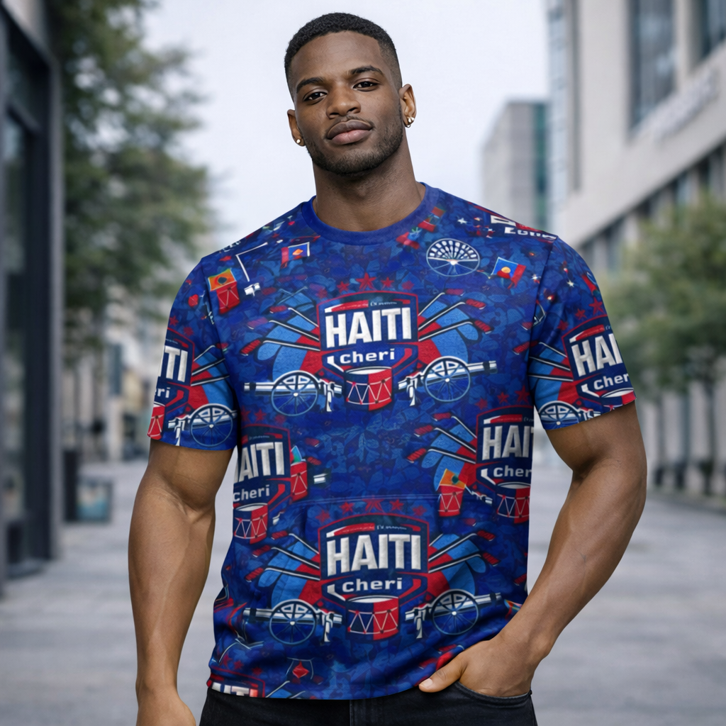 T-Shirt Premium Haiti Cheri - Motif Intégral Symboles Culturels