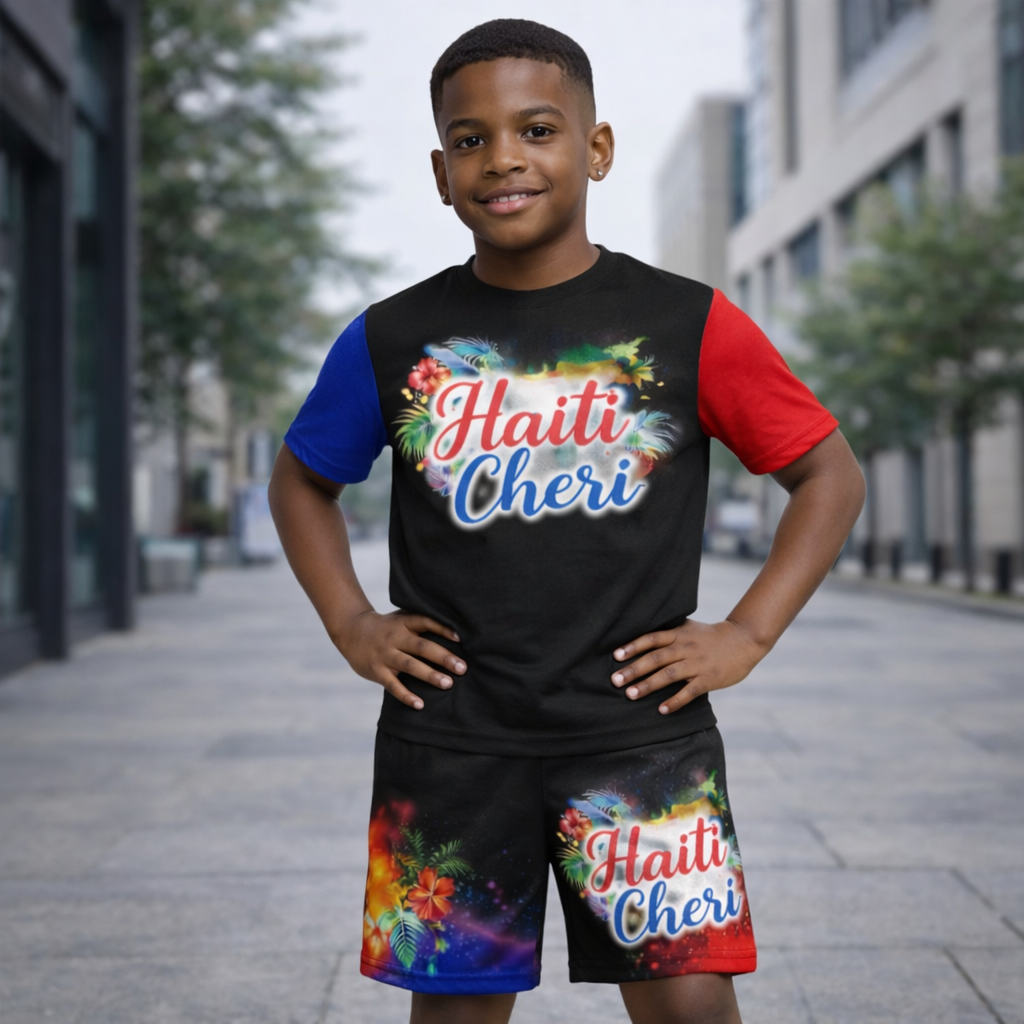 Ensemble Deux Pièces Haïti Cheri avec Fleurs Tropicales T-shirt et Short pour Enfants