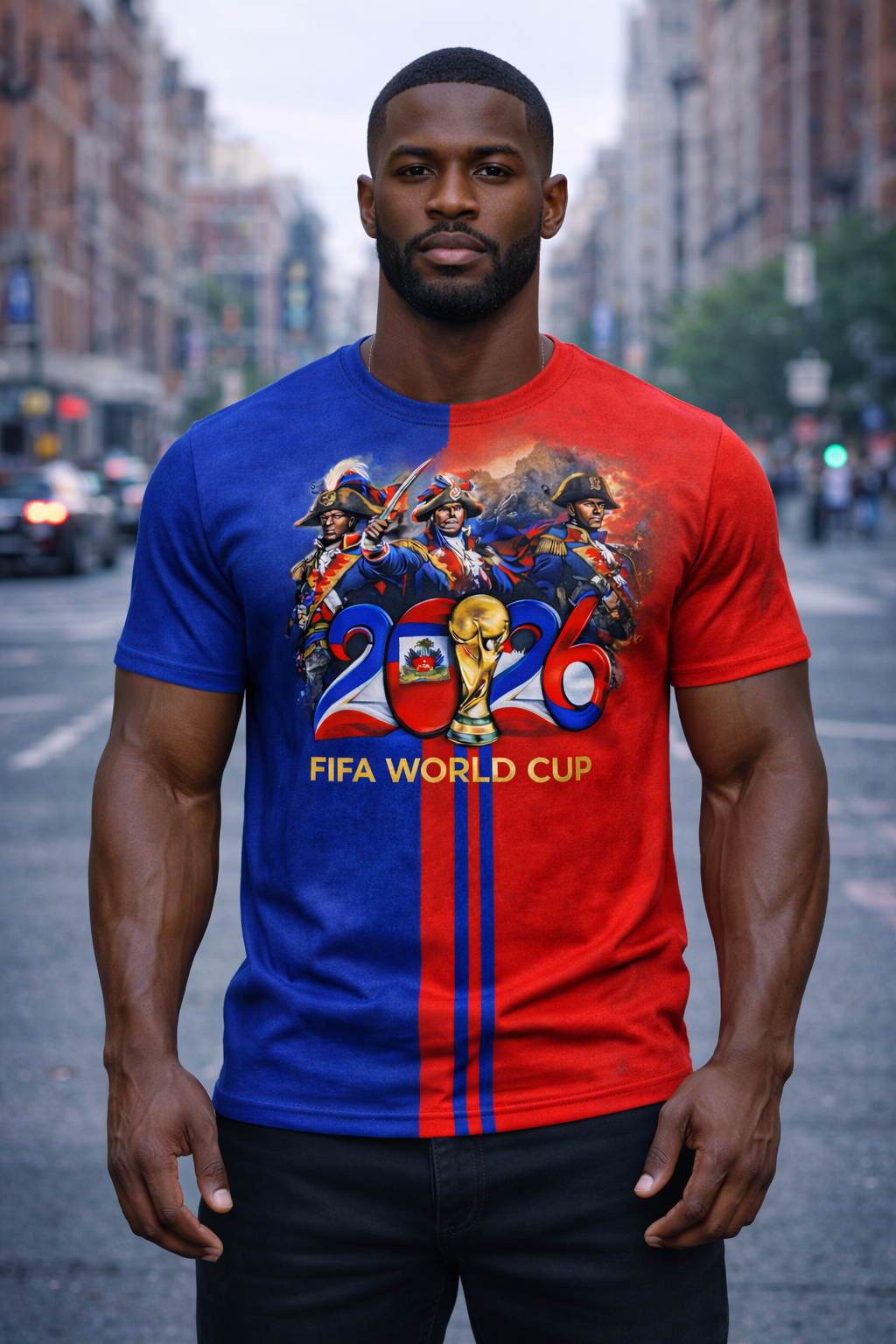 T-Shirt Haïti FIFA World Cup 2026 – Héros Historiques Colorblock Bleu & Rouge