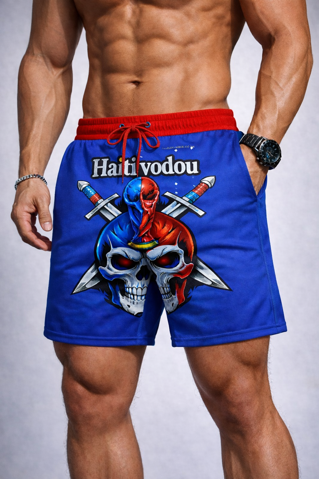 Short Haiti Vodou - Guerrier Crânes Bicolores Bleu Rouge