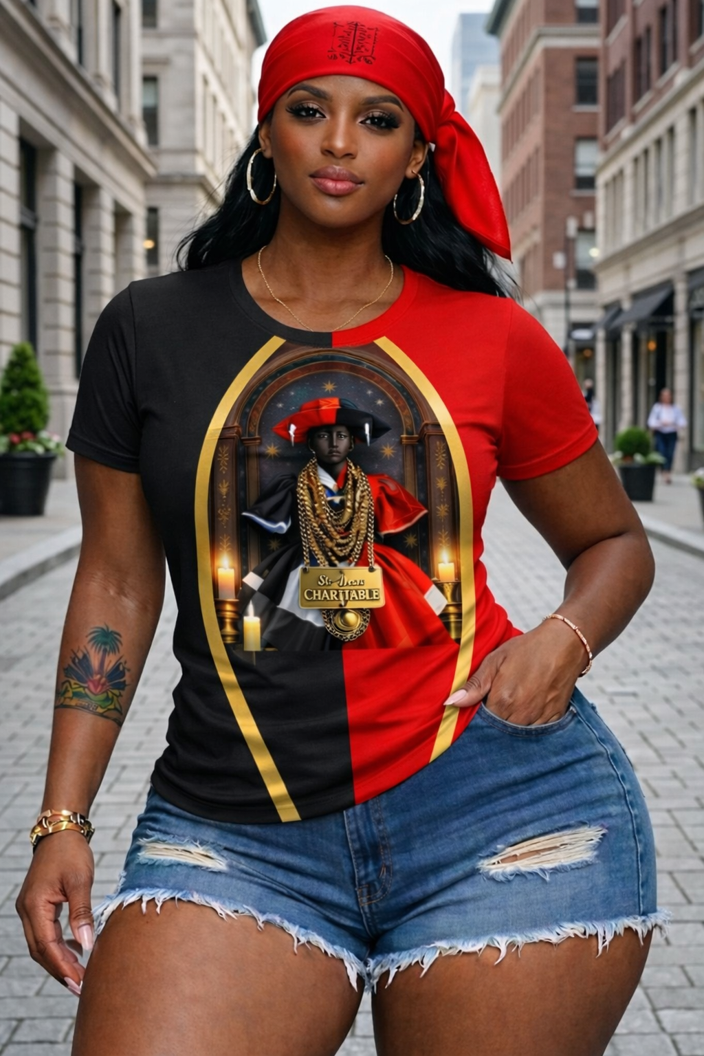 T-Shirt Sainte Anne Charitable – Noir, Rouge & Or (Femme)