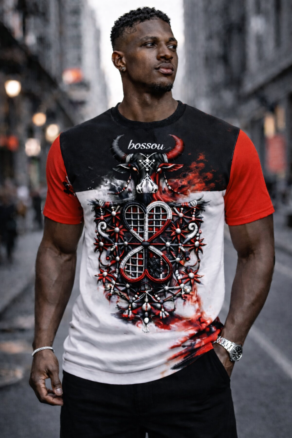 T-Shirt Bossou Vévé – Noir, Blanc & Rouge