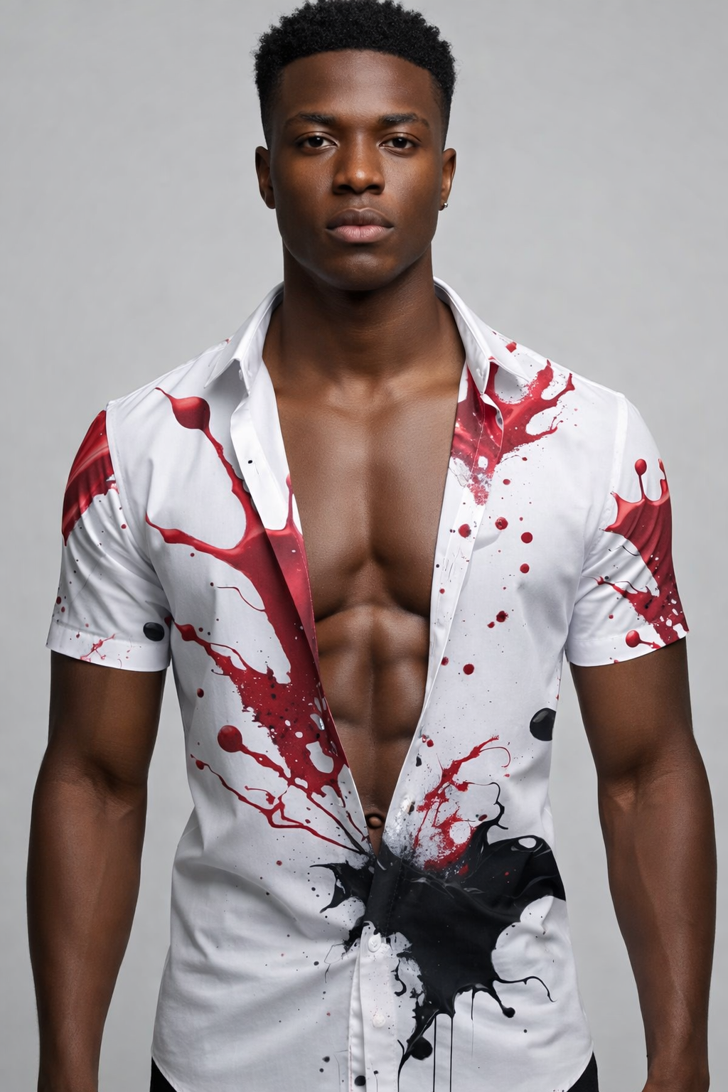 Chemise Blanche – Imprimé Éclaboussures Encre Rouge & Noir