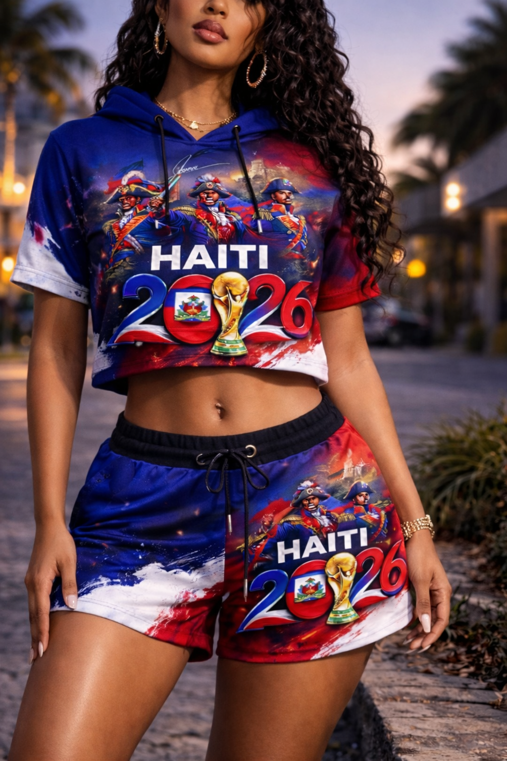 Ensemble Crop Top Hoodie et Short Haiti 2026 World Cup Héros Paint Brush pour Femme