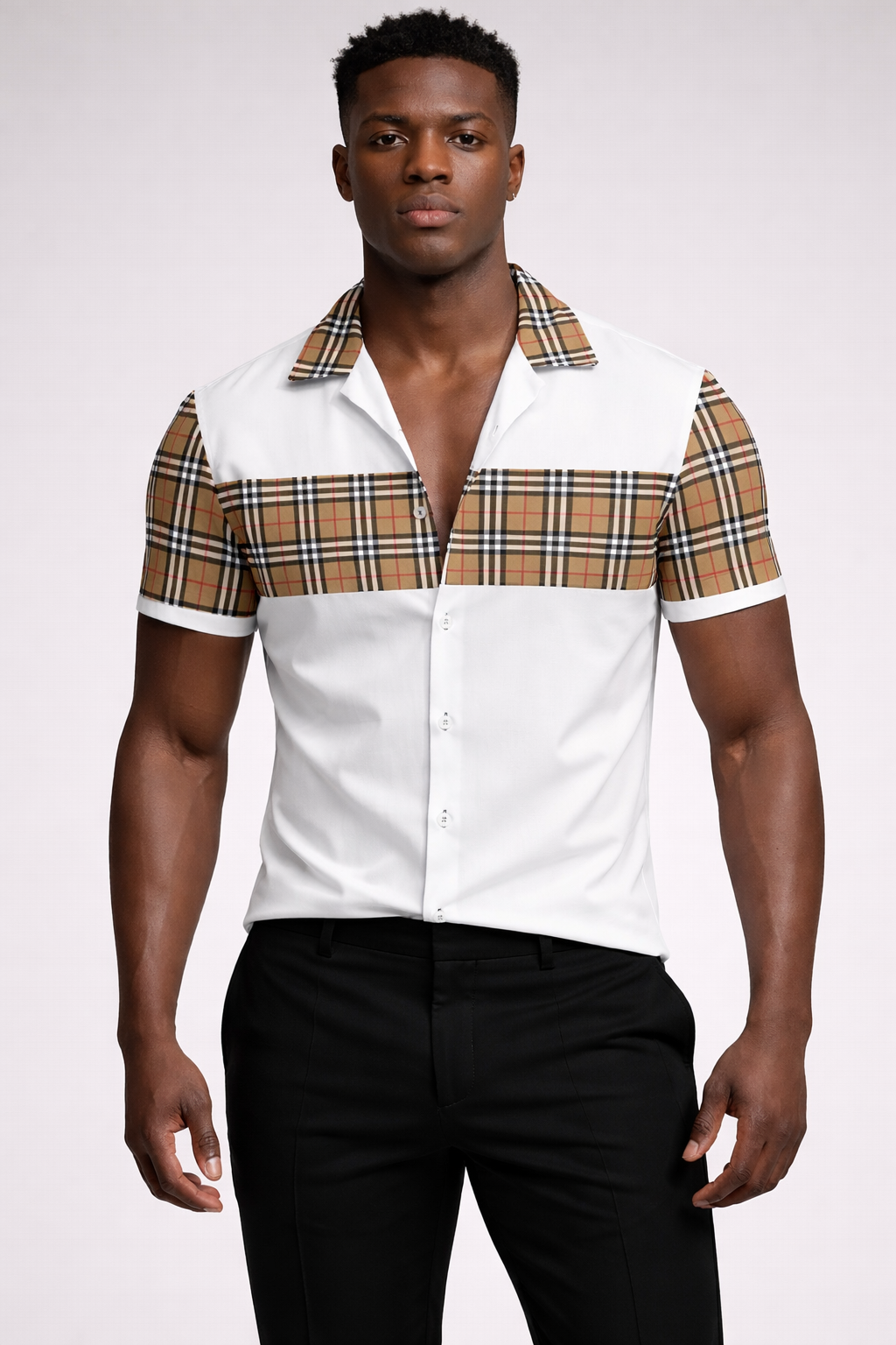 Chemise Carreaux Écossais Blanc et Camel