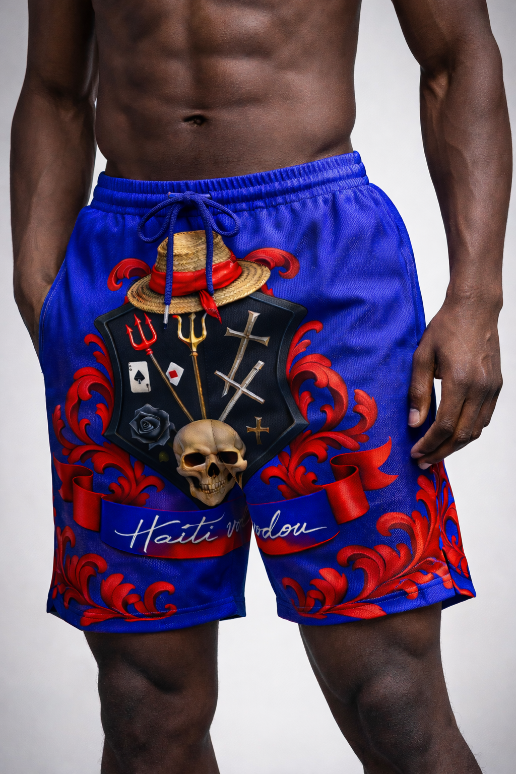 Short Haiti Vodou - Chapeau Paille Crâne Symboles Mystiques Bleu