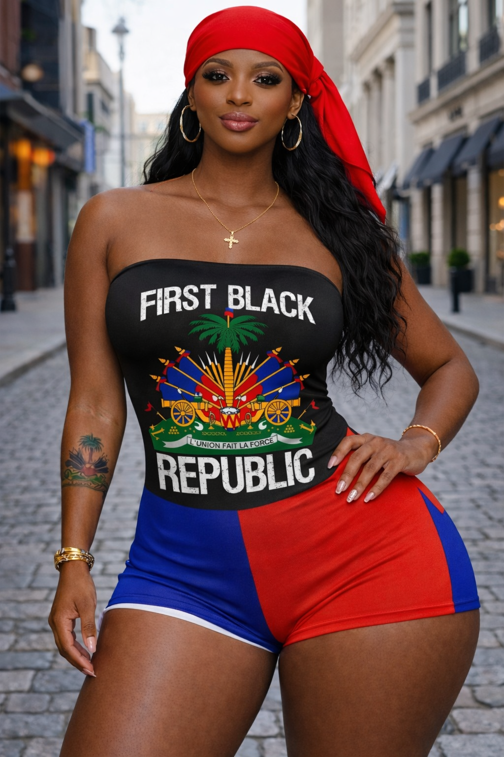 Romper Femme First Black Republic - Armoiries Haïtiennes Bustier Noir Tricolore Bleu Rouge