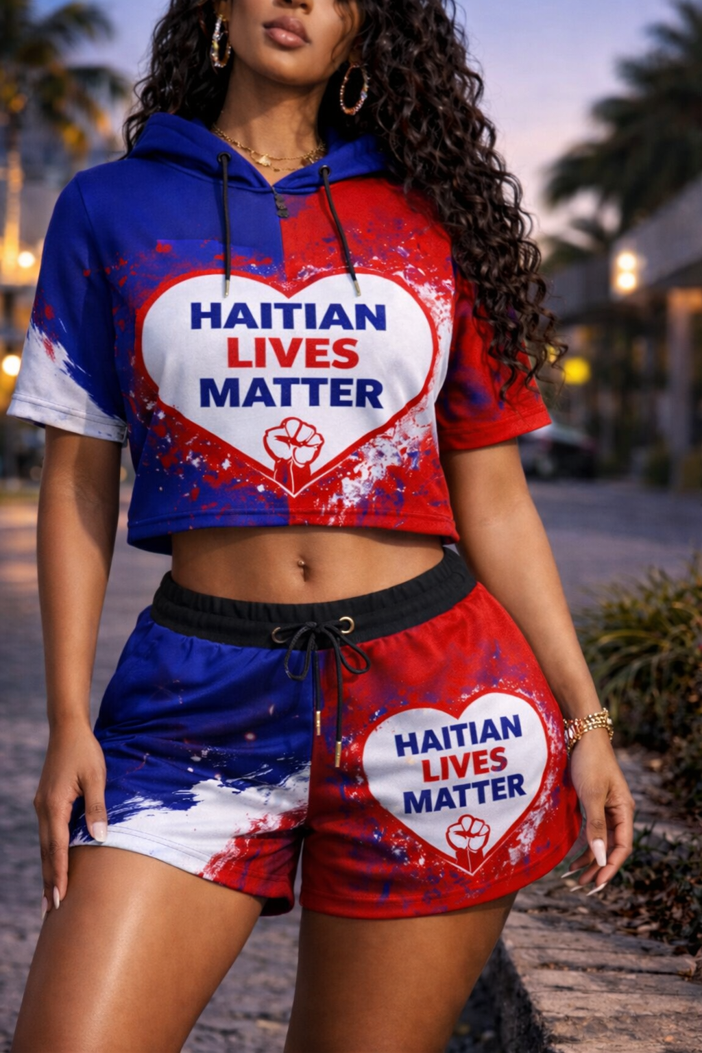 Ensemble Crop Top Hoodie et Short Haitian Lives Matter Cœur Bicolore pour Femme
