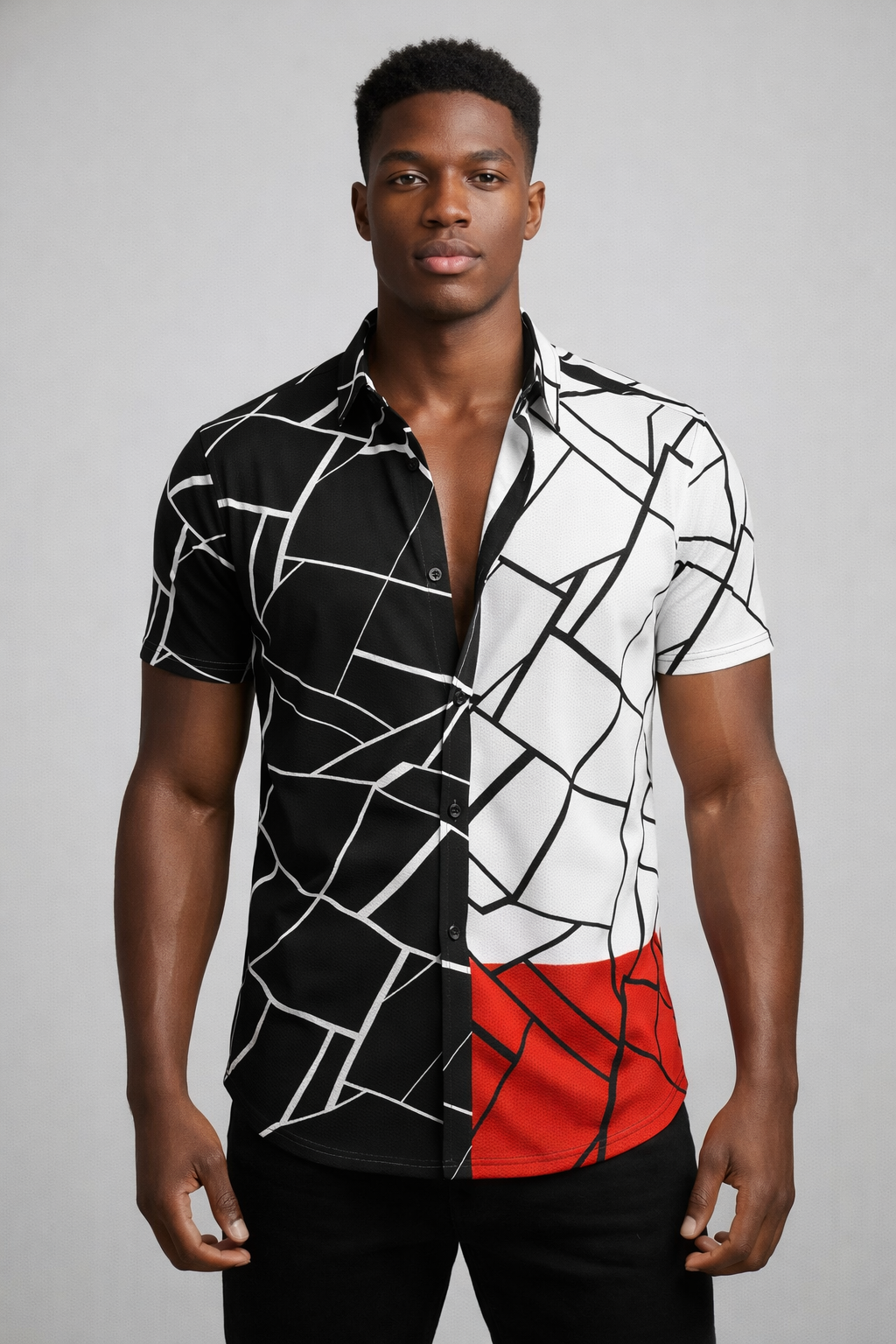 Chemise Géométrique Tricolore Noir Blanc et Rouge