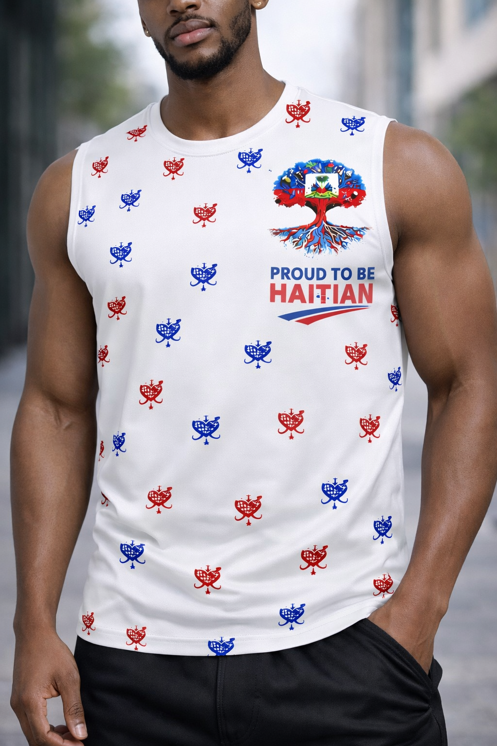 Débardeur Proud to be Haitian - Arbre Racines Drapeau Motifs All-Over