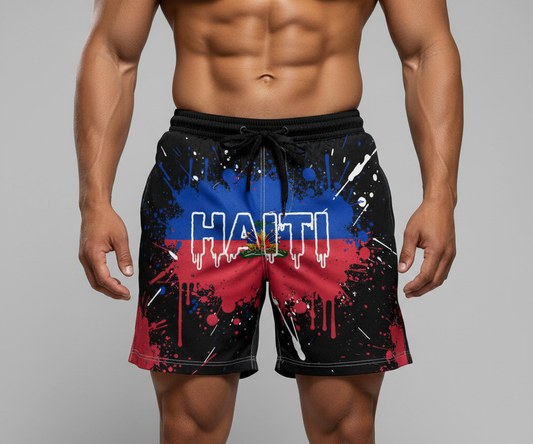 Short de Sport Haiti - Design Éclaboussure Bleu Rouge