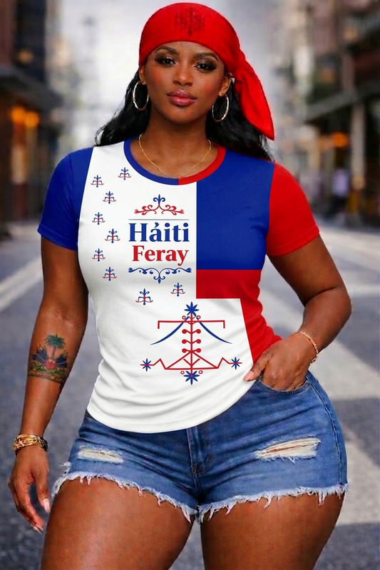 T-Shirt Femme Haïti Feray - Vèvè Vodou Tricolore Bleu Blanc Rouge