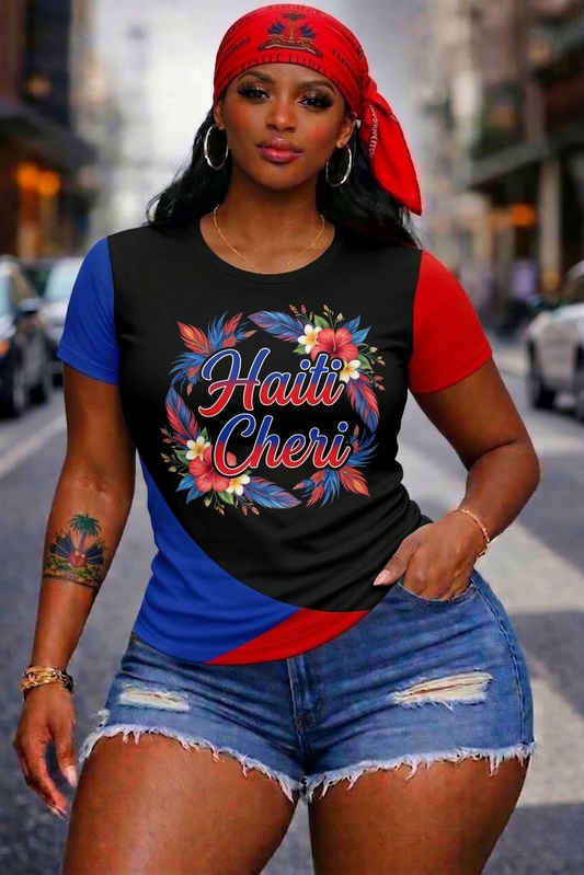 T-Shirt Femme Haïti Cheri - Couronne Florale Tricolore Noir Bleu Rouge