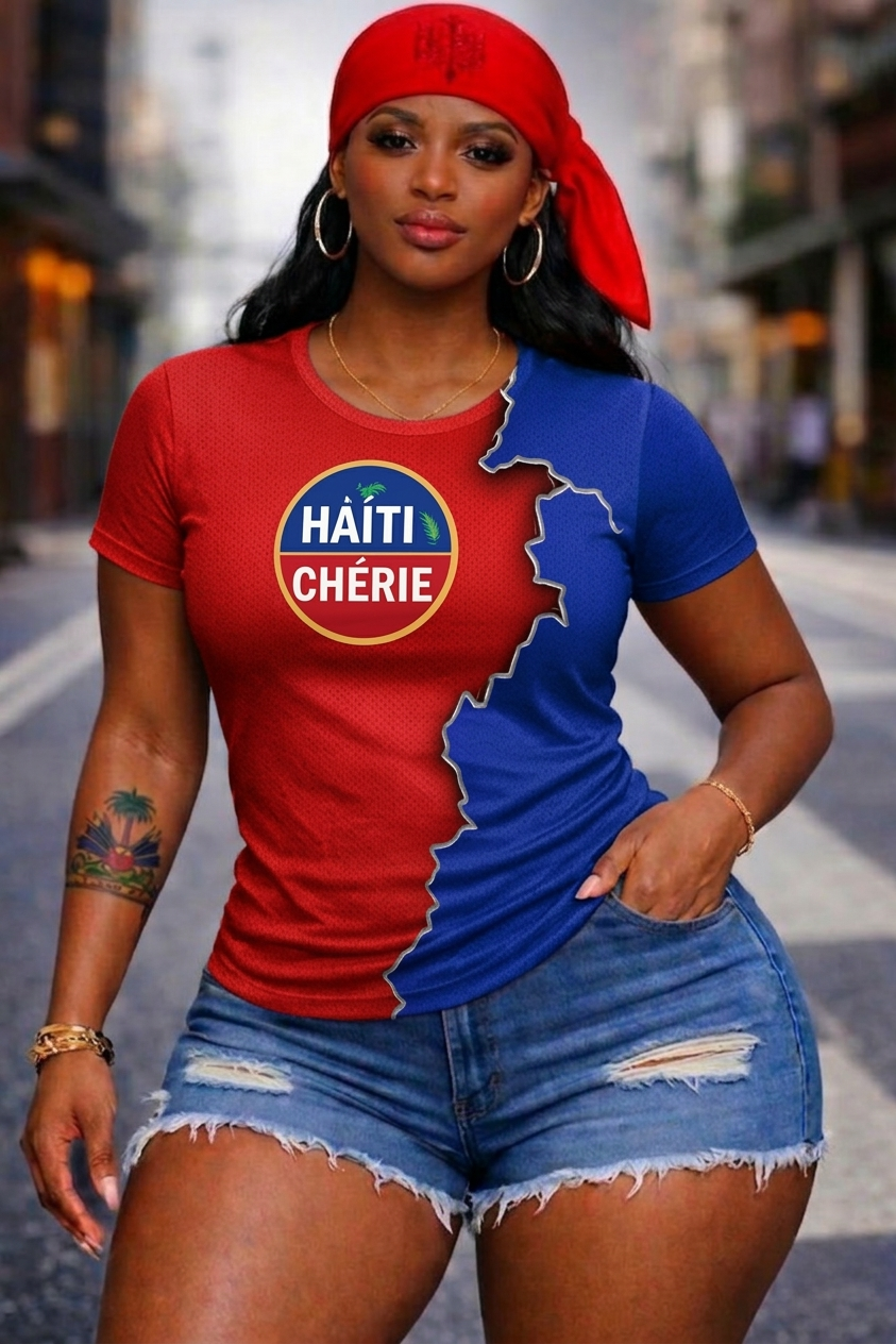 T-Shirt Femme Haïti Chérie - Carte Géographique Bicolore Rouge Bleu