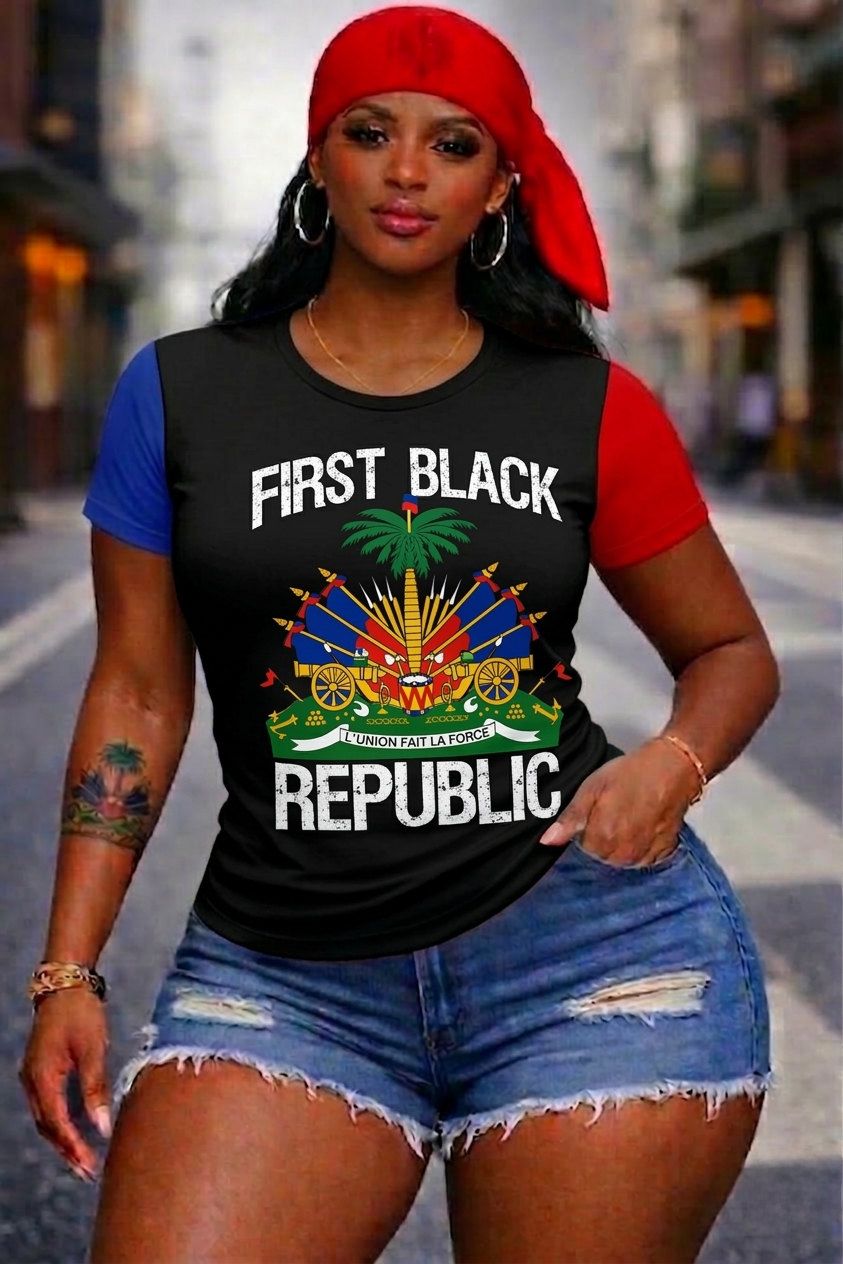 T-Shirt Femme First Black Republic - Armoiries Haïtiennes Tricolore