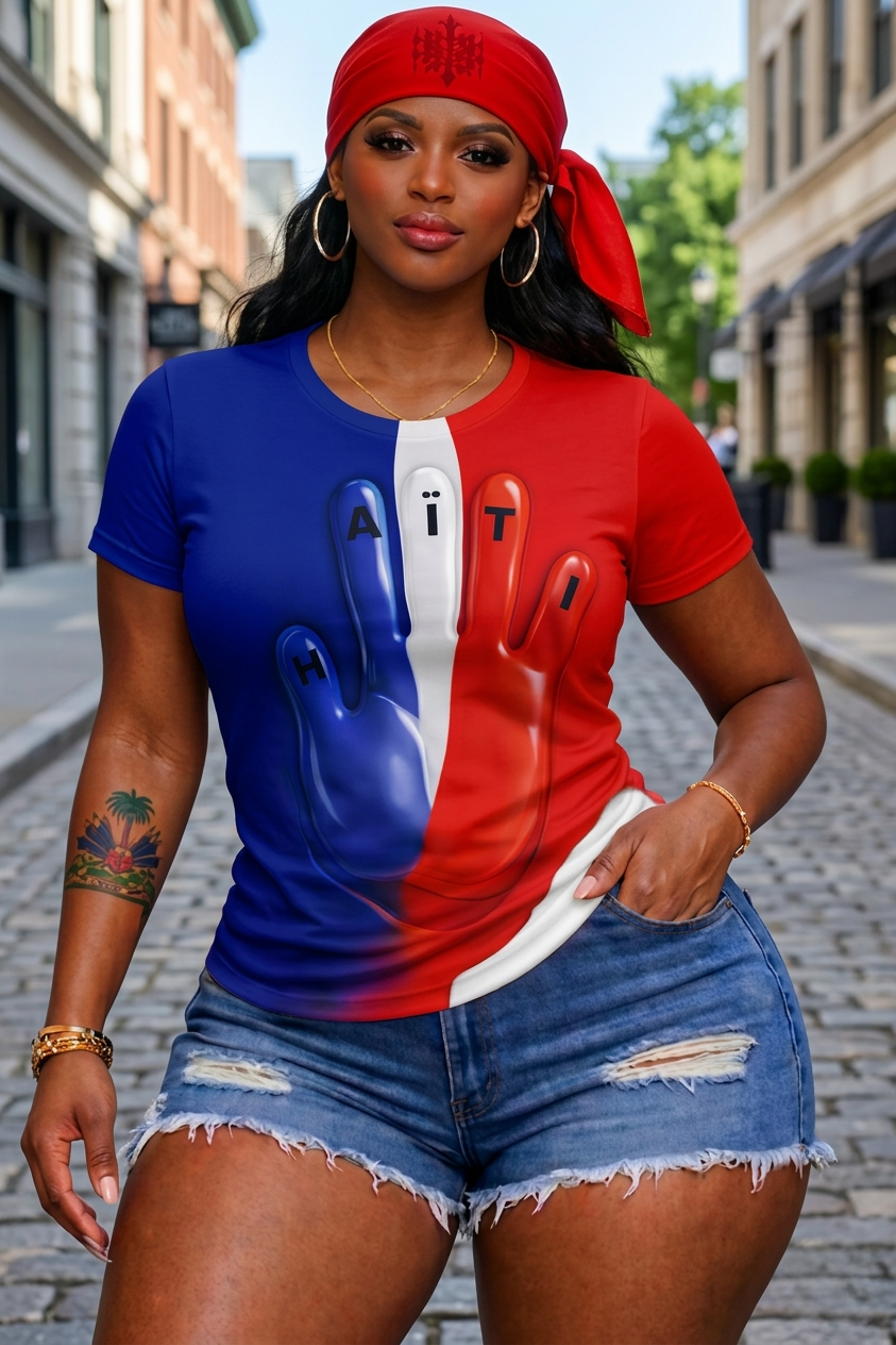 T-Shirt Femme Haiti - Lettres 3D Tricolore Bleu Blanc Rouge