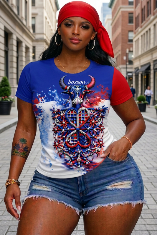T-Shirt Femme Bossou - Vèvè Vodou Taureau Tricolore Bleu Blanc Rouge