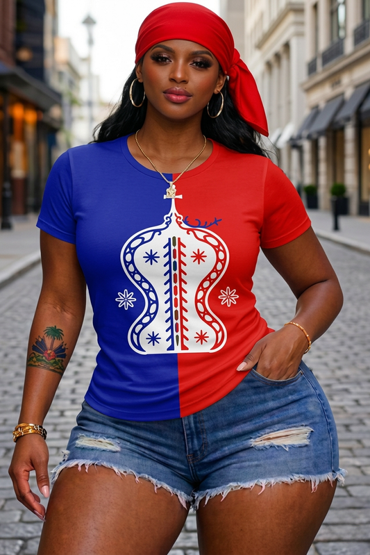 T-Shirt Femme Danbala - Vèvè Vodou Serpent Tricolore Bleu Rouge